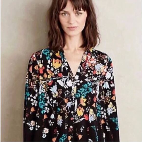 MAEVE Anthropologie Floral Woodland Friends Blouse 0 Rayon Animal Flowy Black - Picture 2 of 10